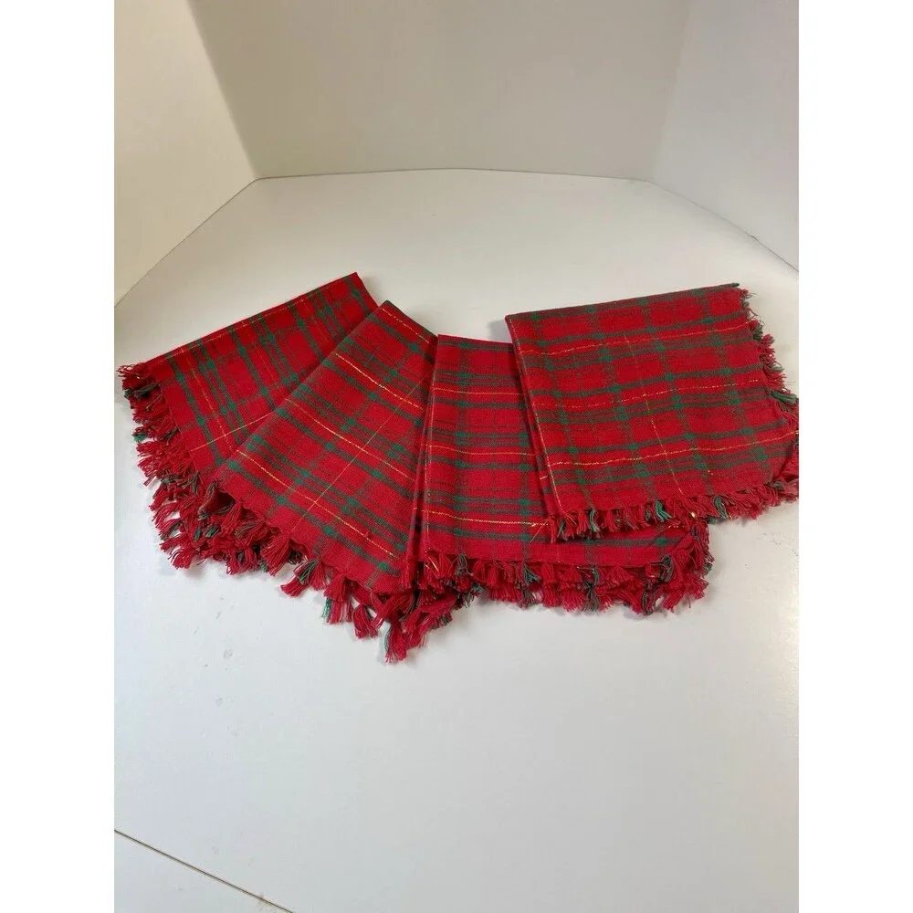 Christmas Napkins Set 4 Cloth Red & Green  W/ Gold Thread-Plaid/Tartan  Fringed
